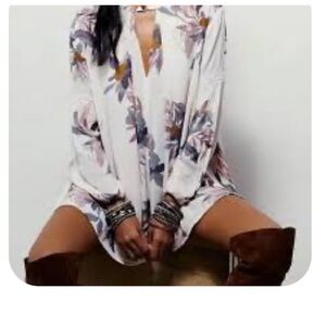 Free People Floral Blouse Top Long Sleeve White Flowy Oversized Boho Chic